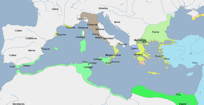 Mapa que muestra la situación de los estados del Mediterráneo a finales del siglo V a.C.