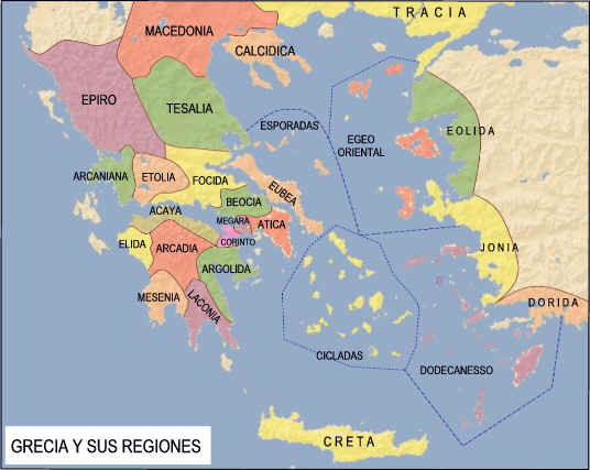 Mapa que muestra las regiones en las que se dividía la Grecia Antigua