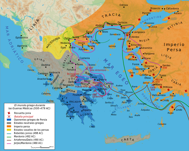 Mapa que muestra los Estados griegos durante las Guerras Médicas (guerra contra los persas)
