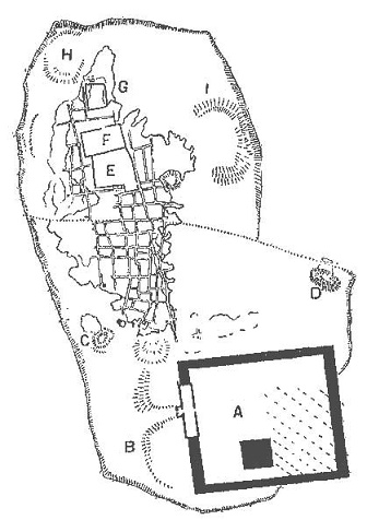 Plano que muestra las ruinas arqueológicas de la ciudad de Náucratis