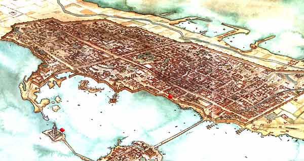 Reconstrucción de cómo debió ser la ciudad de Alejandría, fundada en la estancia de Macedonia en Egipto