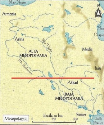 División aproximada, no exacta, entre la Alta y la Baja Mesopotamia