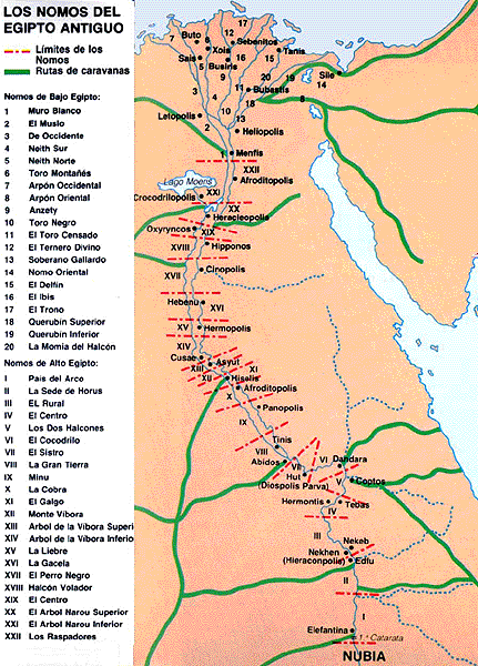 Mapa de los 42 clásicos nomos del Antiguo Egipto (el número de nomos cambió según la época o periodo)