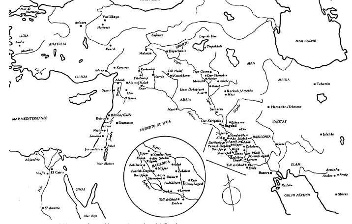Mapa general de todos los centros importantes del Próximo Oriente Antiguo