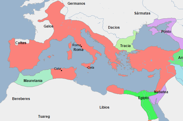 Mapa que muestra a Egipto rodeado por territorio romano por casi todos los lados
