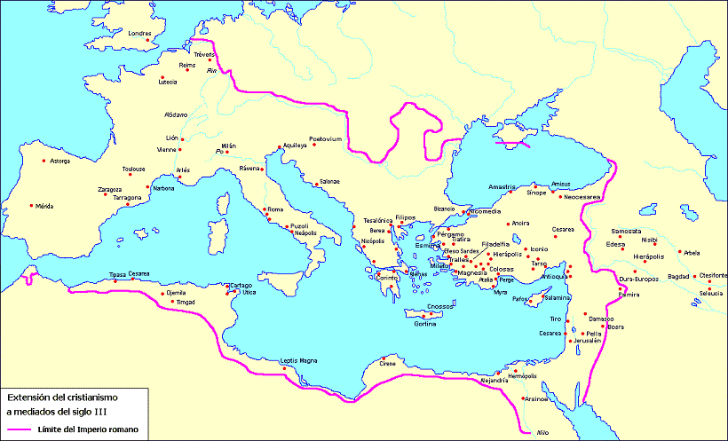 Mapa que muestra la extensión del cristianismo a mediados del siglo III