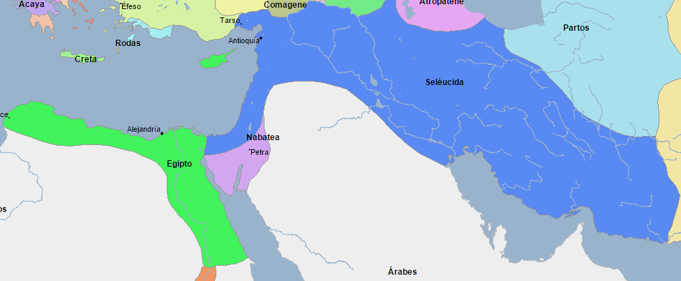 Mapa que muestra la gran extensión del Imperio Seléucida a mediados del siglo II a.C.