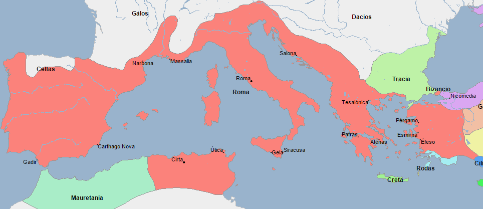 Mapa que muestra la gran extensión territorial de Roma a finales del siglo II a.C.
