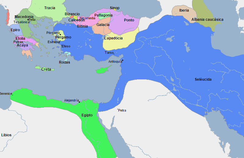 Mapa que muestra la situación de Egipto y Próximo Oriente a comienzos del siglo II a.C.