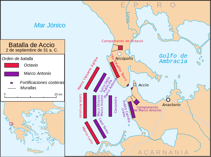 Mapa que representa la batalla de Actium, en el año 31 a.C.