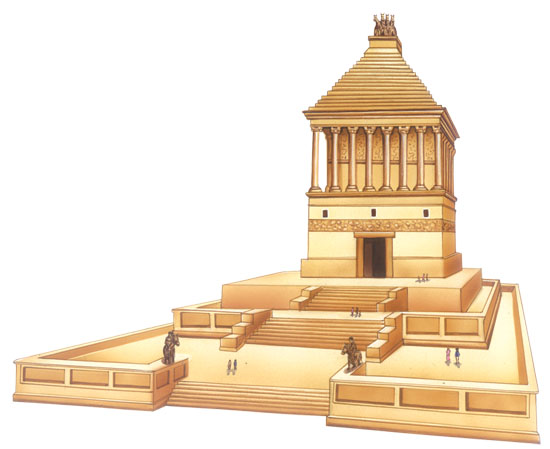Reconstrucción de cómo debió ser el Mausoleo de Halicarnaso, inspiración para la tumba de Alejandro