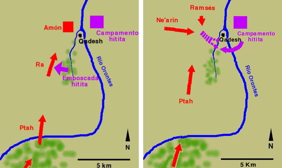 Imagen combinada que muestra los movimientos militares durante las dos fases de la Batalla de Qadesh