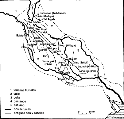 Mapa de la Baja Mesopotamia durante el periodo Protodinástico