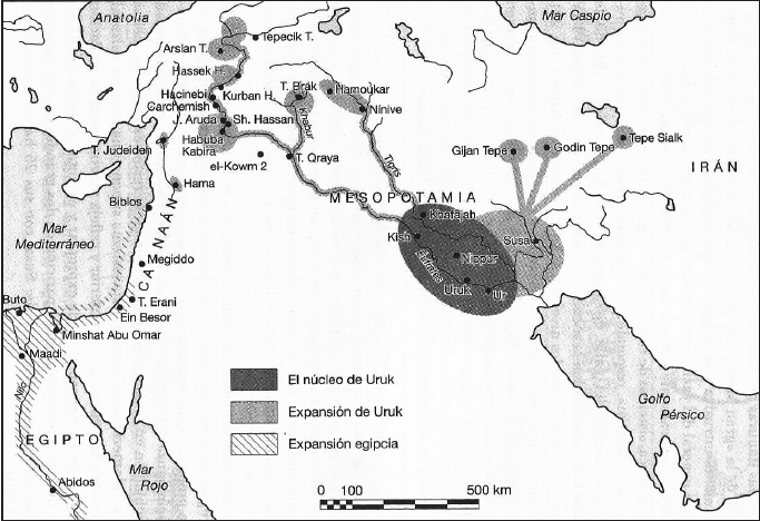 Mapa que muestra la expansión cultural del periodo de Uruk, (Aubet, 2007)