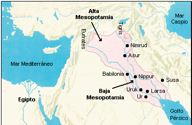 Mapa que muestra la ubicación aproximada de las dos grandes zonas de Mesopotamia