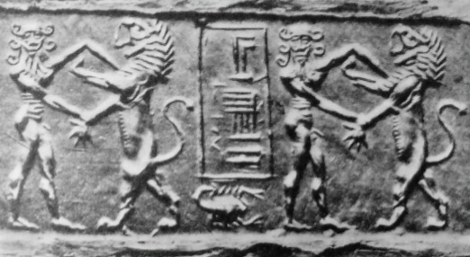 Cilindro en el que se ve a Gilgamesh luchando contra un león