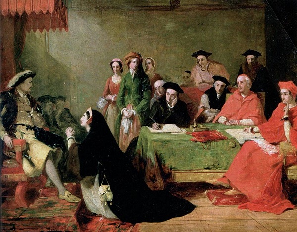 Cuadro en el que se ve a Catalina de Aragón suplicando a Enrique VIII durante el juicio contra ella