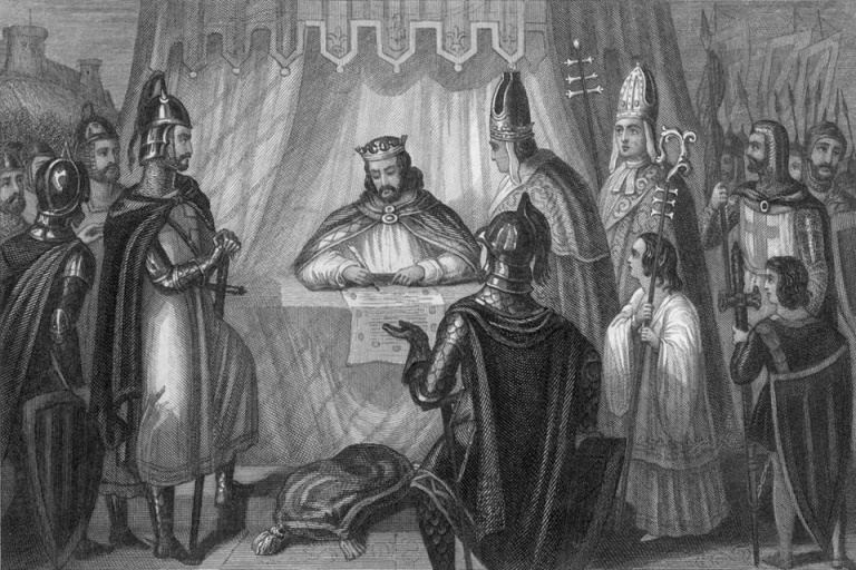 Escena en la que se ve al rey inglés Juan "Sin Tierra" firmando la Carta Magna en 1215