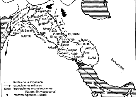 Mapa de la extensión del Imperio Acadio durante el reinado de Naram Sin