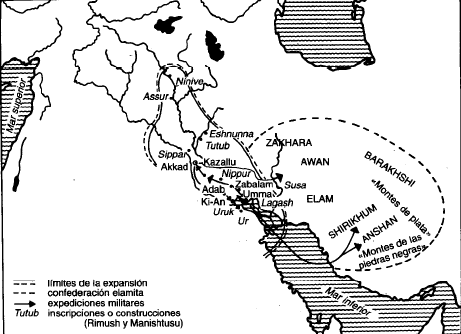 Mapa de la extensión del Imperio Acadio durante el reinado de Rimush y Manishtusu