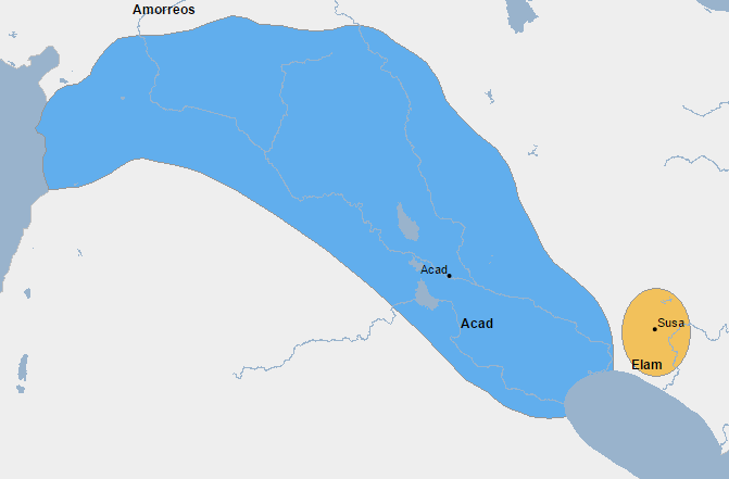 Mapa del imperio acadio y de Elam en el final del reinado de Naram Sin