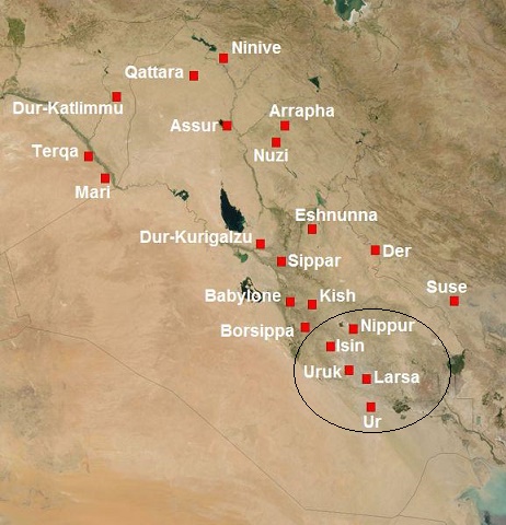 Mapa mesopotámico en el que se ven las ciudades de Larsa e Isin