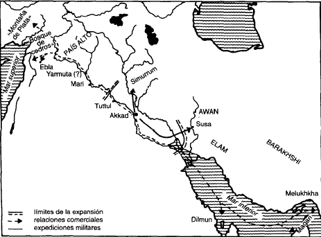Mapa que muestra la extensión del Imperio acadio durante el reinado de Sargón de Akkad