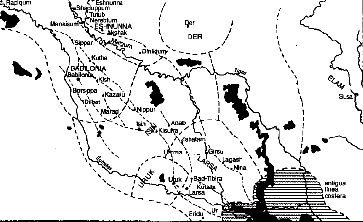 Mapa de la Baja Mesopotamia durante el periodo Isin-Larsa
