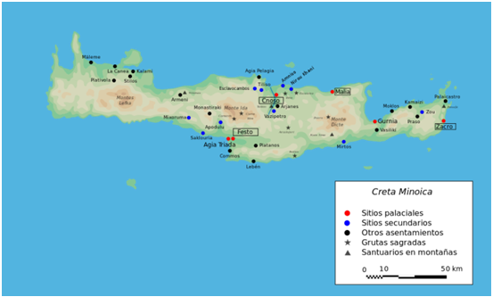 Mapa de la isla de Creta durante la civilización minoica