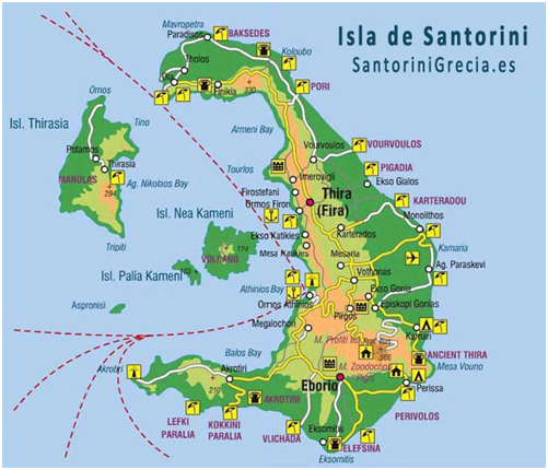 Mapa de la isla de Santorini en la actualidad