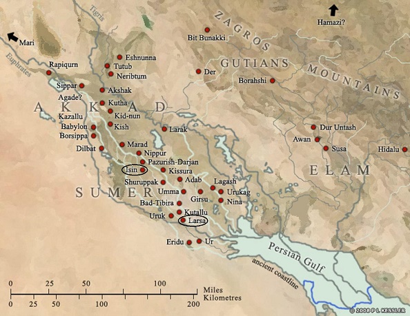 Mapa de la Baja Mesopotamia en el que se distingue la ciudad de Larsa (al sur) e Isin (más centrada entre norte y sur)