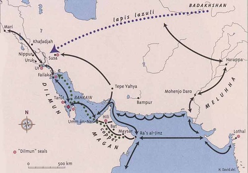 Mapa que explica el tráfico comercial de Dilmun