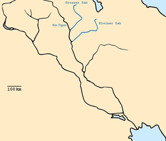 Mapa que muestra la ubicación del Río Tigris y Zab superior