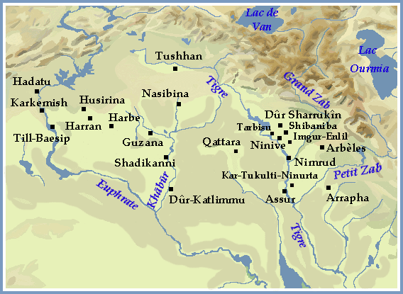 Mapa que muestra las principales ciudades de Asiria