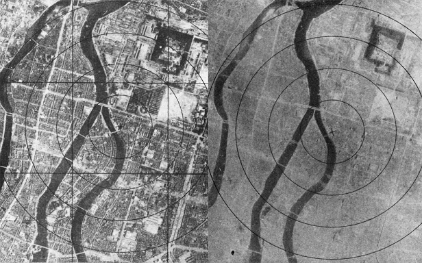 Hiroshima vista desde el aire antes y después de caer la bomba atómica