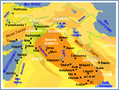 Mapa en francés de la extensión del imperio babilónico en tiempos de Hammurabi