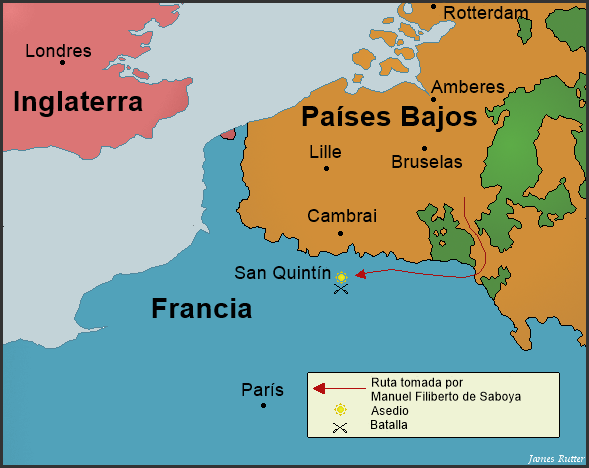 Mapa explicatorio de la Batalla de San Quintín en Francia