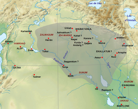 Mapa que muestra la extensión aproximada de Asiria poco antes de la muerte de Shamsi-Adad