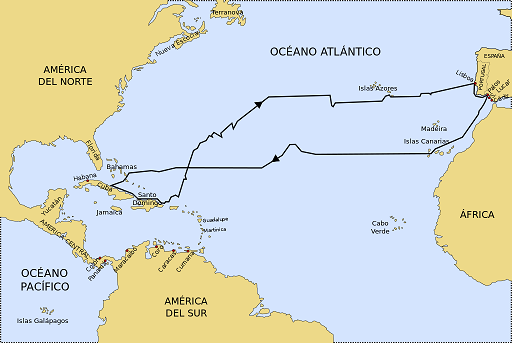 Mapa que muestra la ruta seguida por Colón en su primer viaje a América