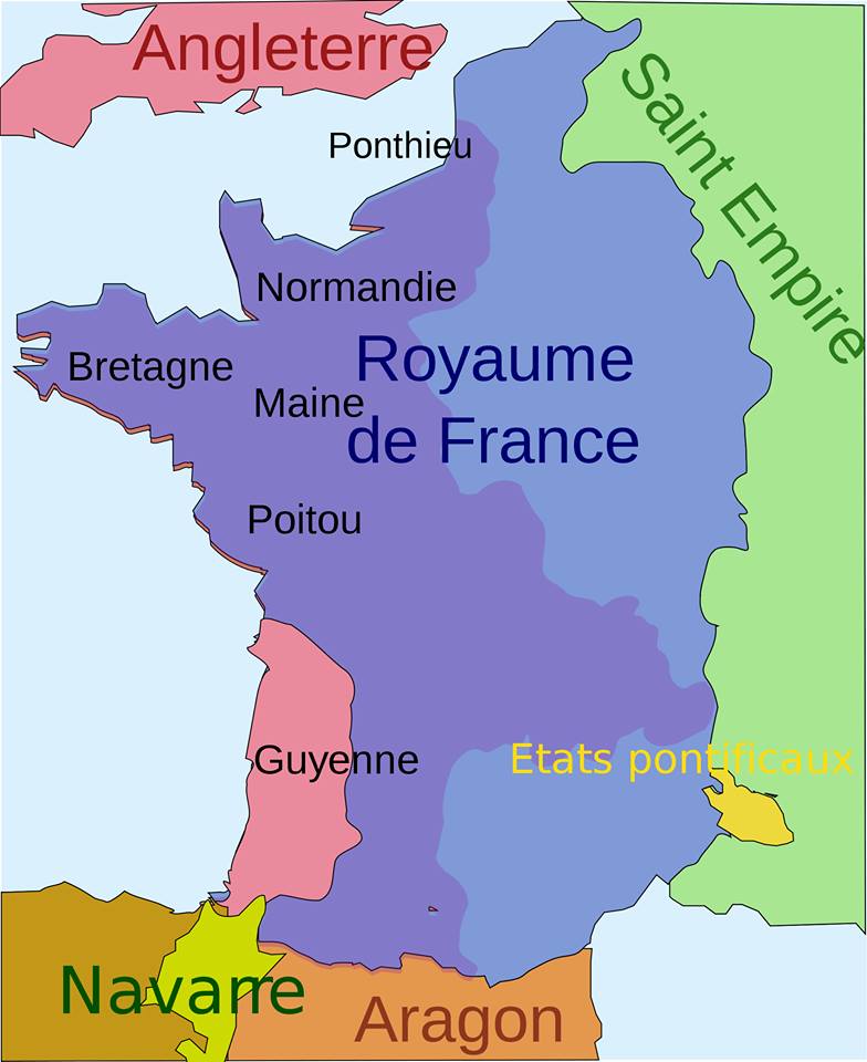 Mapa en francés con la extensión del reino francés en los tiempos anteriores a la guerra de los cien años