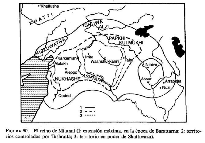 El reino de Mitanni mostrando las diversas extensiones que tuvo a lo largo de los siglos