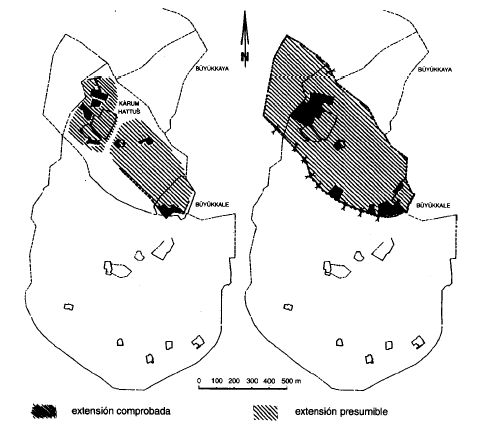 Extensión de Hattusa en el siglo XIX (izquierda, colonias paleoasirias) y en el siglo XVI (derecha, reino antiguo hitita)