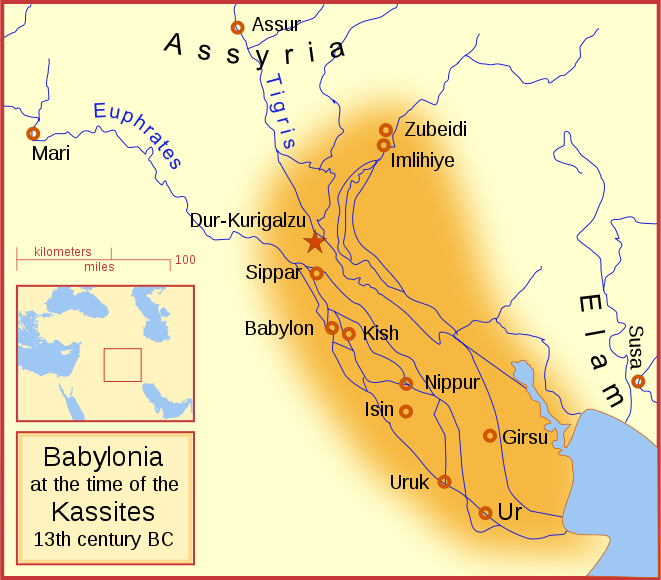 Mapa que muestra la Babilonia que heredarían los casitas varios siglos después de Hammurabi