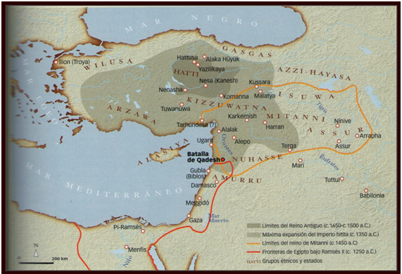 Mapa que muestra las fronteras intertemporales de los hititas y sus vecinos más próximos