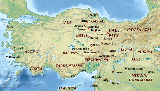 Mapa con la localización aproximada de los grandes lugares del mundo hitita