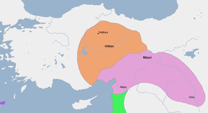 Mapa de Mitanni y el imperio hitita a mediados del siglo XV (Geacron)
