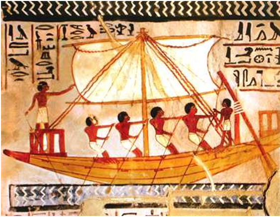 Pintura egipcia, en la que se puede observar el velamen rectangular sujeto por dos vergas horizontales