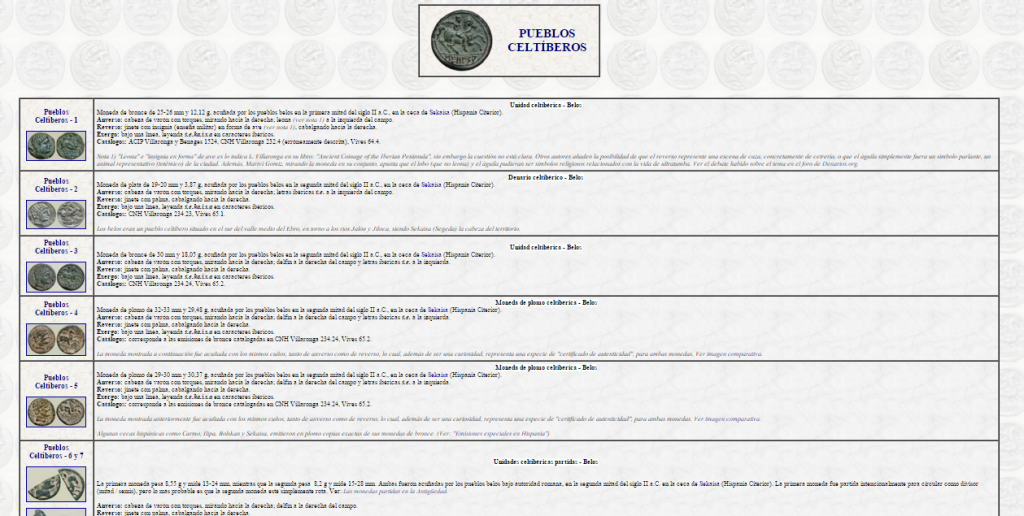 Captura de pantalla de una de las docenas de páginas de numismática antigua de esta gran web