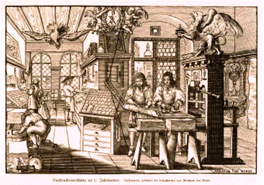 Ilustración 2: Tipografia holandesa - Grabado de Abraham von Werdt en el que se refleja a trabajadores en la Imprenta. 1677