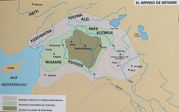 Mapa de las distintas extensiones del imperio de Mitanni